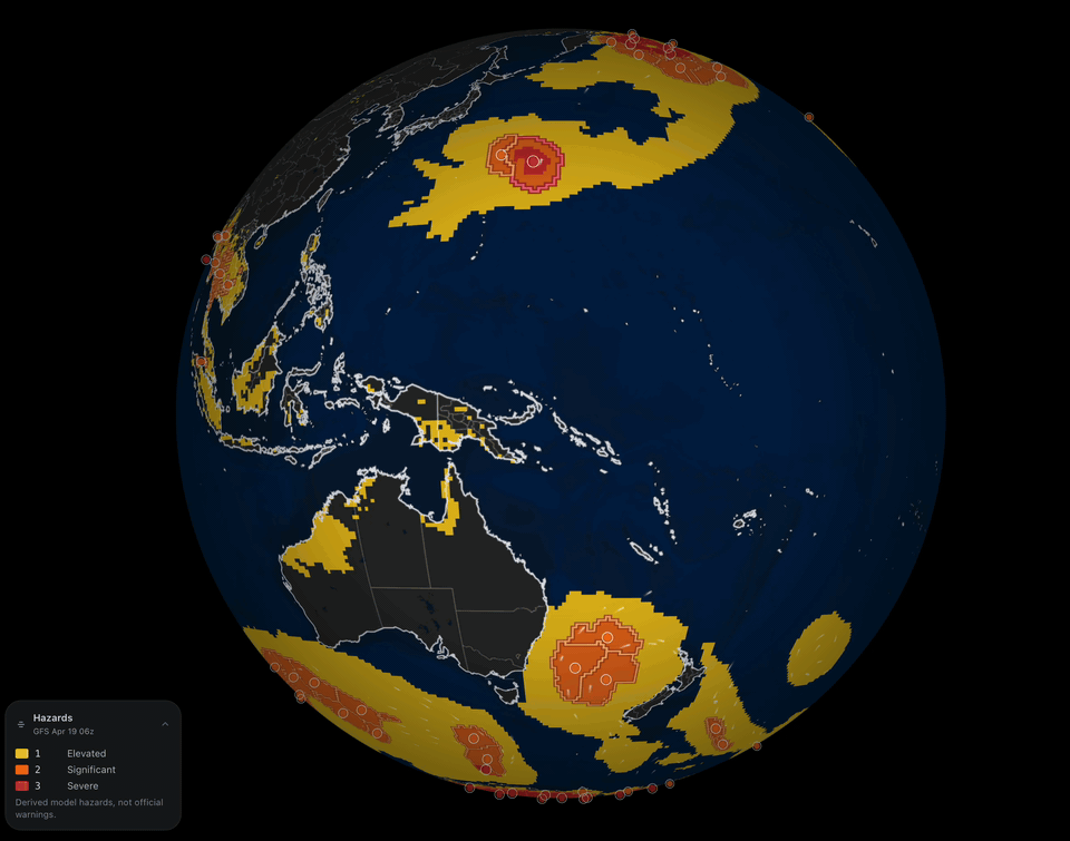 Accelerated screen capture of the Waterworks global hazard globe cycling through forecast lead times, showing hazard severity shading and tracked event markers together.